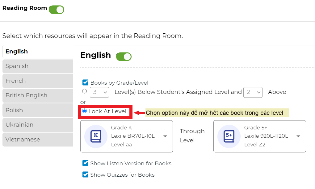 HDSD TK Teacher KidsA-Z: Mở toàn bộ level đọc sách, chọn sách tiếng Pháp, tiếng Việt... cho HS